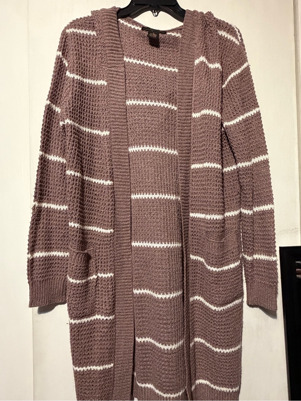 Long Open-Front Mauve Stripe Knit Cardigan Sweater